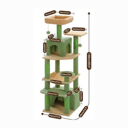 fiche dimensions arbre à chat vert naturel 136cm hauteur base 44x40cm niche 27cm hamac griffoir sisal