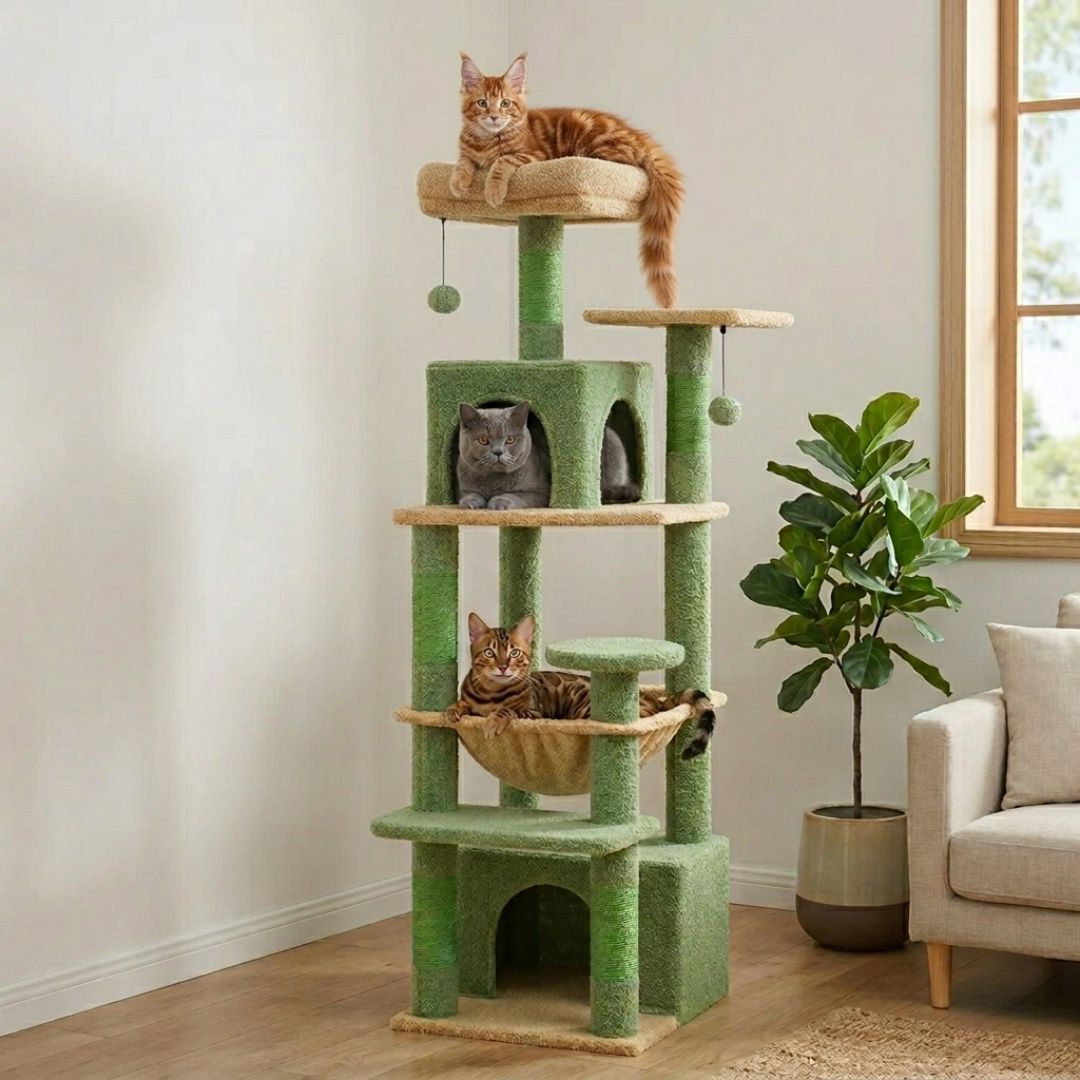 arbre à chat vert naturel multi-niveaux avec Maine Coon roux en haut British Shorthair dans la niche et Bengal dans le hamac salon moderne lumineux