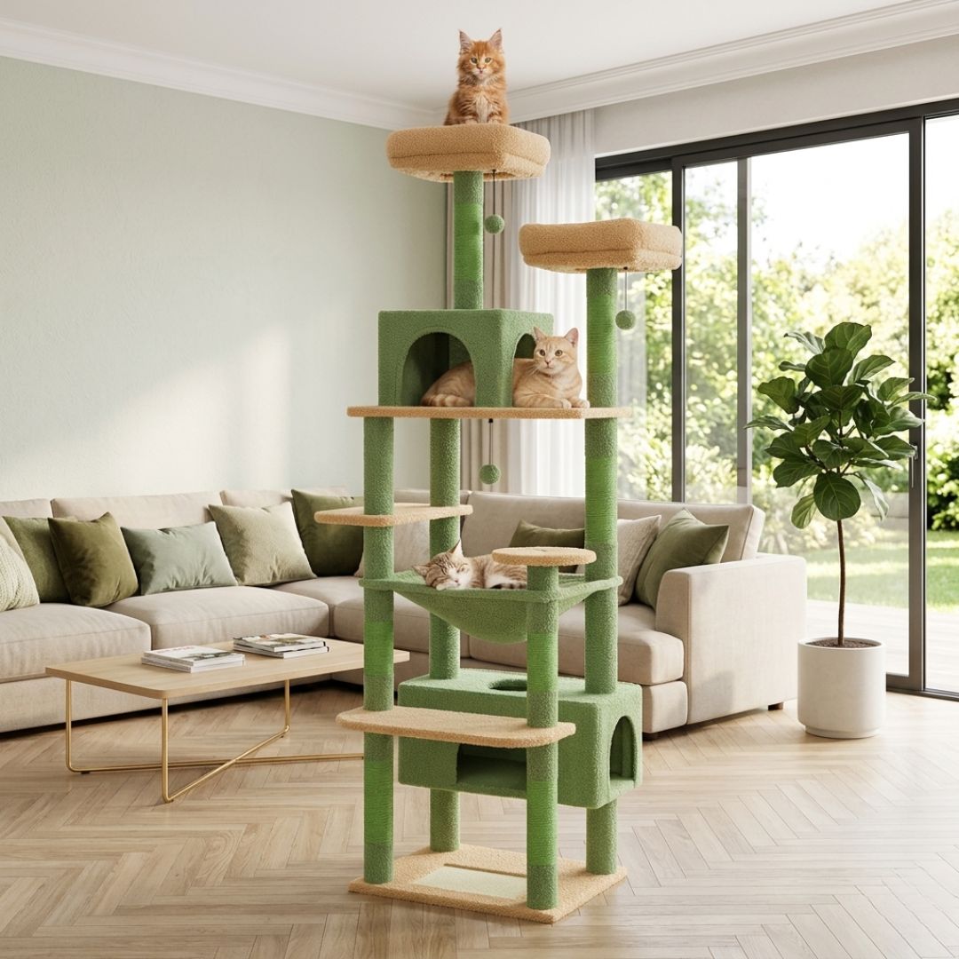Arbre à chat XXL 184cm vert beige multi-niveaux, 2 cabanes, hamac, plateformes peluche, pompons, 3 chats Maine Coon Tabby salon moderne