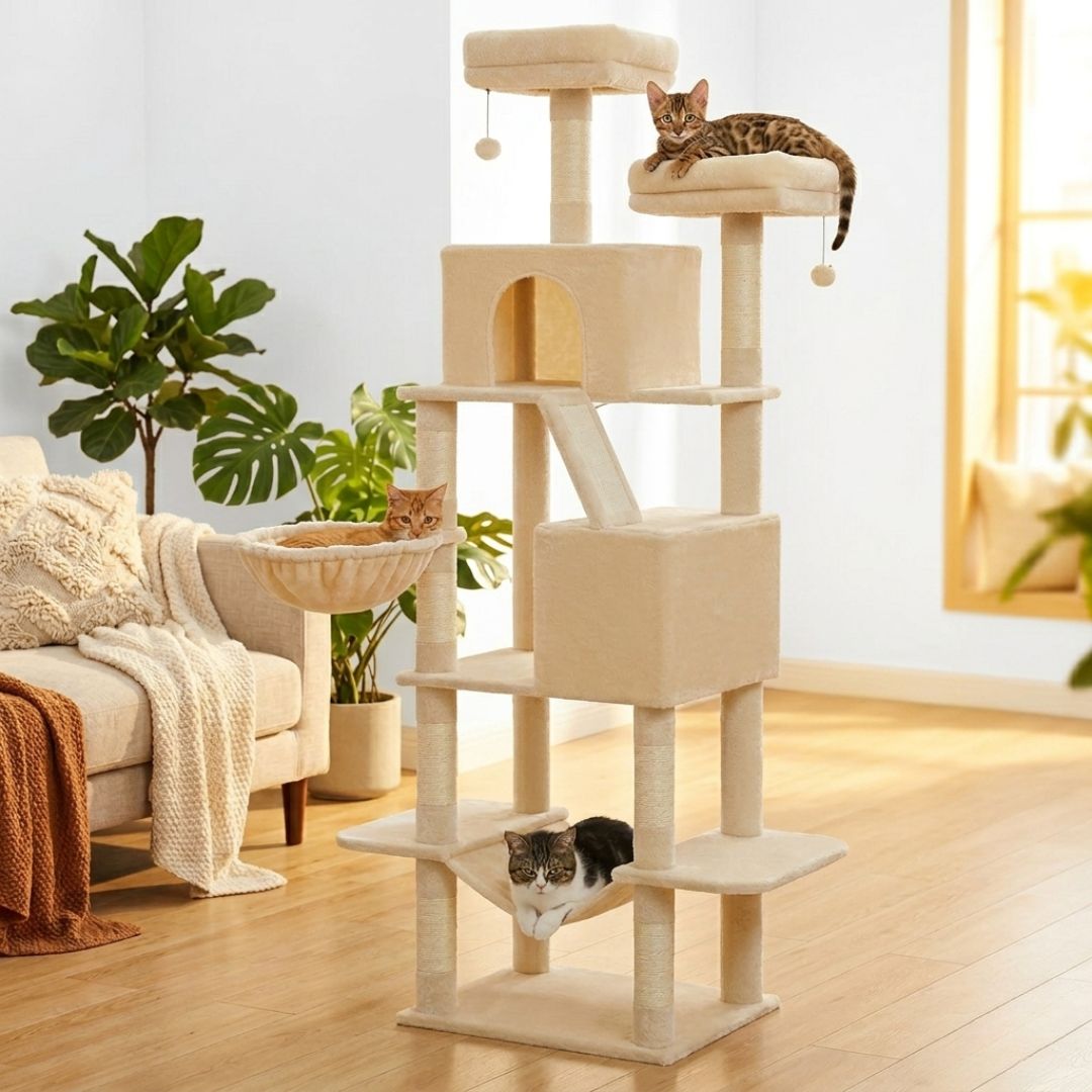 arbre à chat XXL beige salon cosy canapé crème chat Bengal perchoir chat roux corbeille chat tigré hamac bas