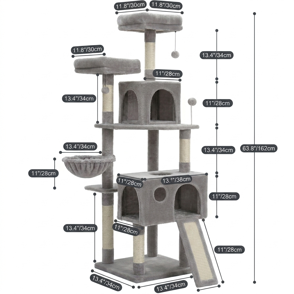 Fiche dimensions arbre à chat XXL 162cm hauteur base 34cm niche 38cm griffoir sisal grands chats