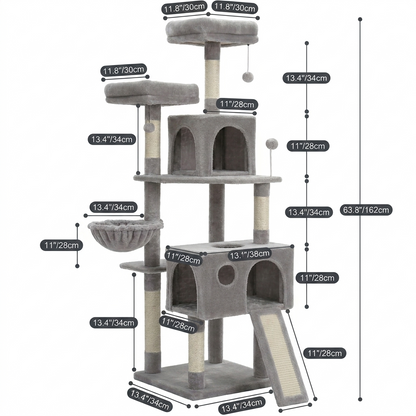 Fiche dimensions arbre à chat XXL 162cm hauteur base 34cm niche 38cm griffoir sisal grands chats