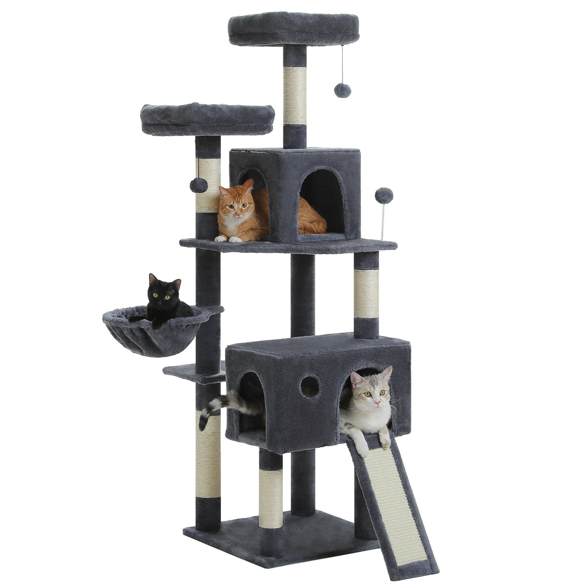 Arbre à chat XXL gris anthracite avec poteaux griffoir en sisal et 3 chats de grande taille sur les niveaux