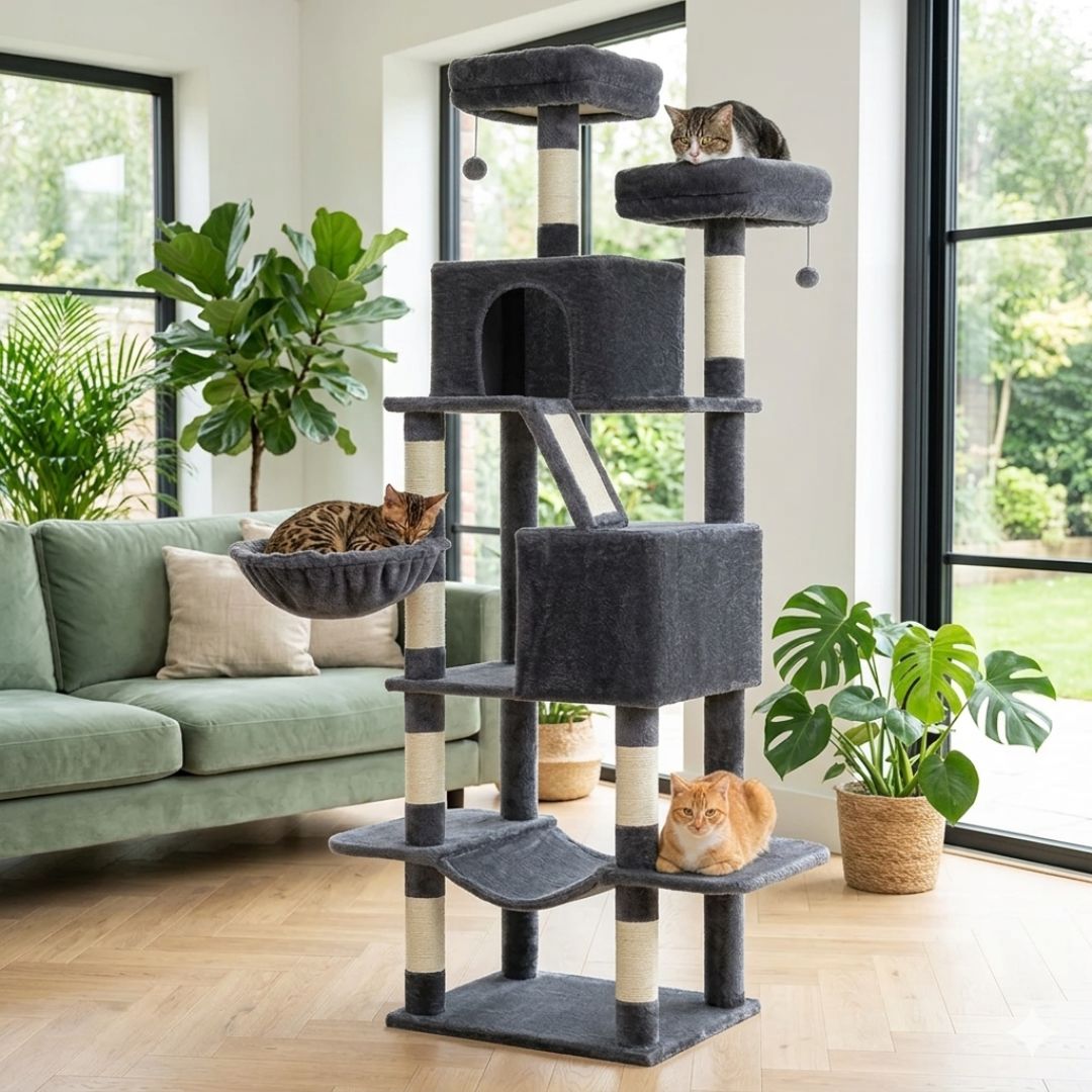 arbre à chat XXL gris foncé chat tigré perchoir chat Bengal corbeille chat roux plateforme griffoir sisal