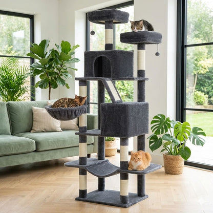 arbre à chat XXL gris foncé chat tigré perchoir chat Bengal corbeille chat roux plateforme griffoir sisal