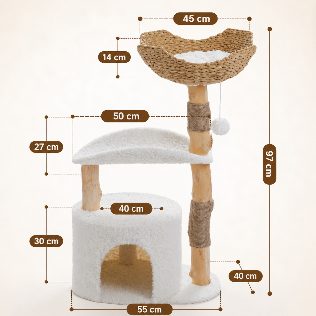 Arbre à chat Catedo 3 niveaux maisonnette ronde en peluche blanche, perchoir moyen et nid hamac en jacinthe d'eau tressée, poteaux en bois brut naturel avec griffoirs en jute et balle suspendue, hauteur totale 97 cm