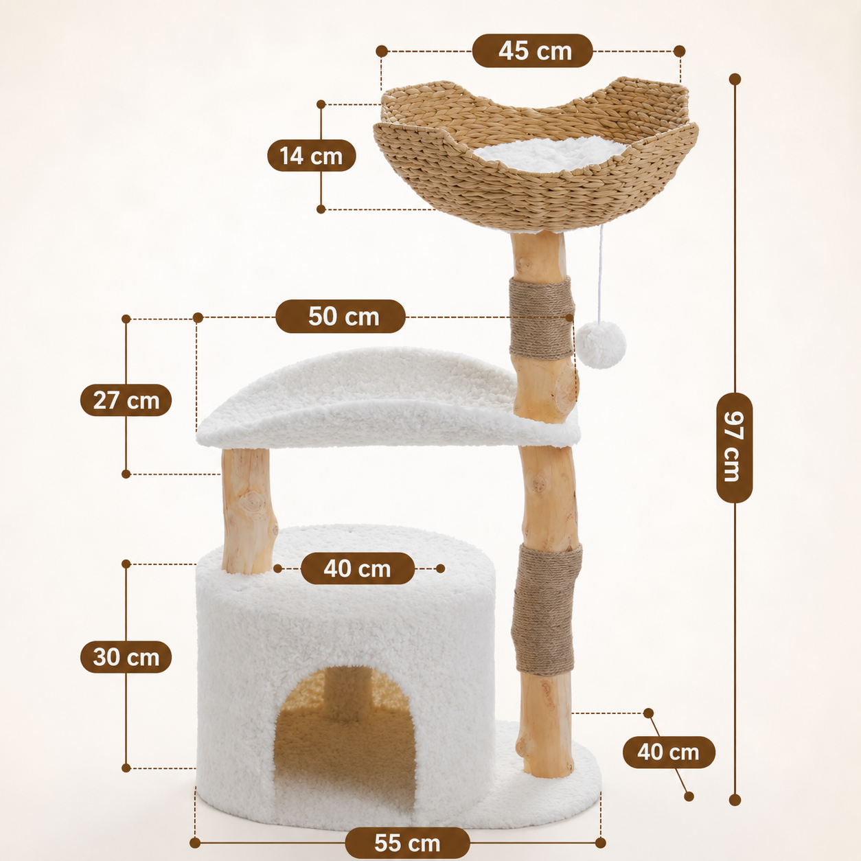 Arbre à chat Catedo 3 niveaux maisonnette ronde en peluche blanche, perchoir moyen et nid hamac en jacinthe d'eau tressée, poteaux en bois brut naturel avec griffoirs en jute et balle suspendue, hauteur totale 97 cm