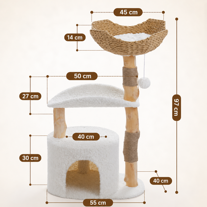 Arbre à chat Catedo 3 niveaux maisonnette ronde en peluche blanche, perchoir moyen et nid hamac en jacinthe d'eau tressée, poteaux en bois brut naturel avec griffoirs en jute et balle suspendue, hauteur totale 97 cm