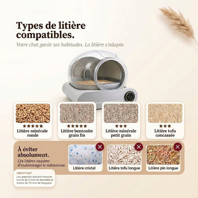 Guide types de litière compatibles - minérale ronde, bentonite grain fin, tofu concassée - et litières à éviter cristal, tofu longue et pin longue