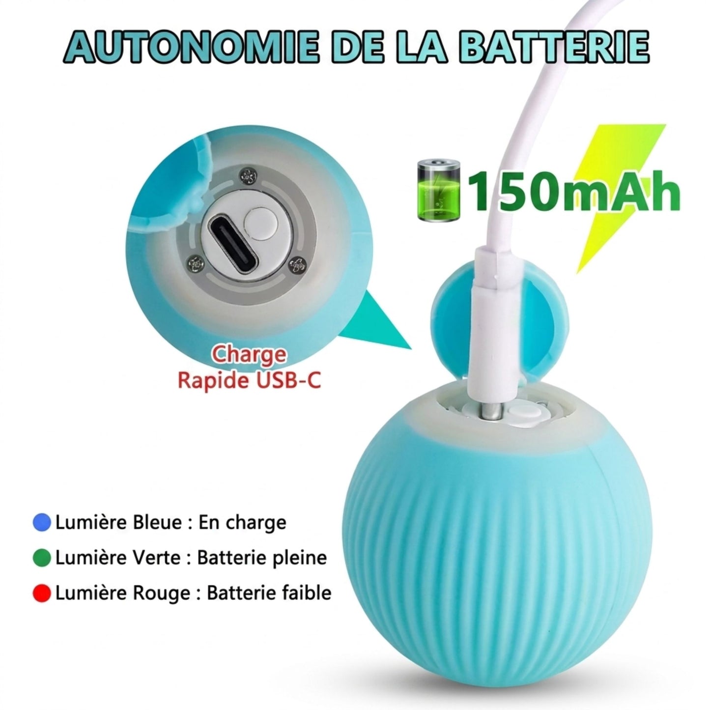 balle jouet chat 150mAh charge rapide USB-C indicateur LED bleu vert rouge autonomie