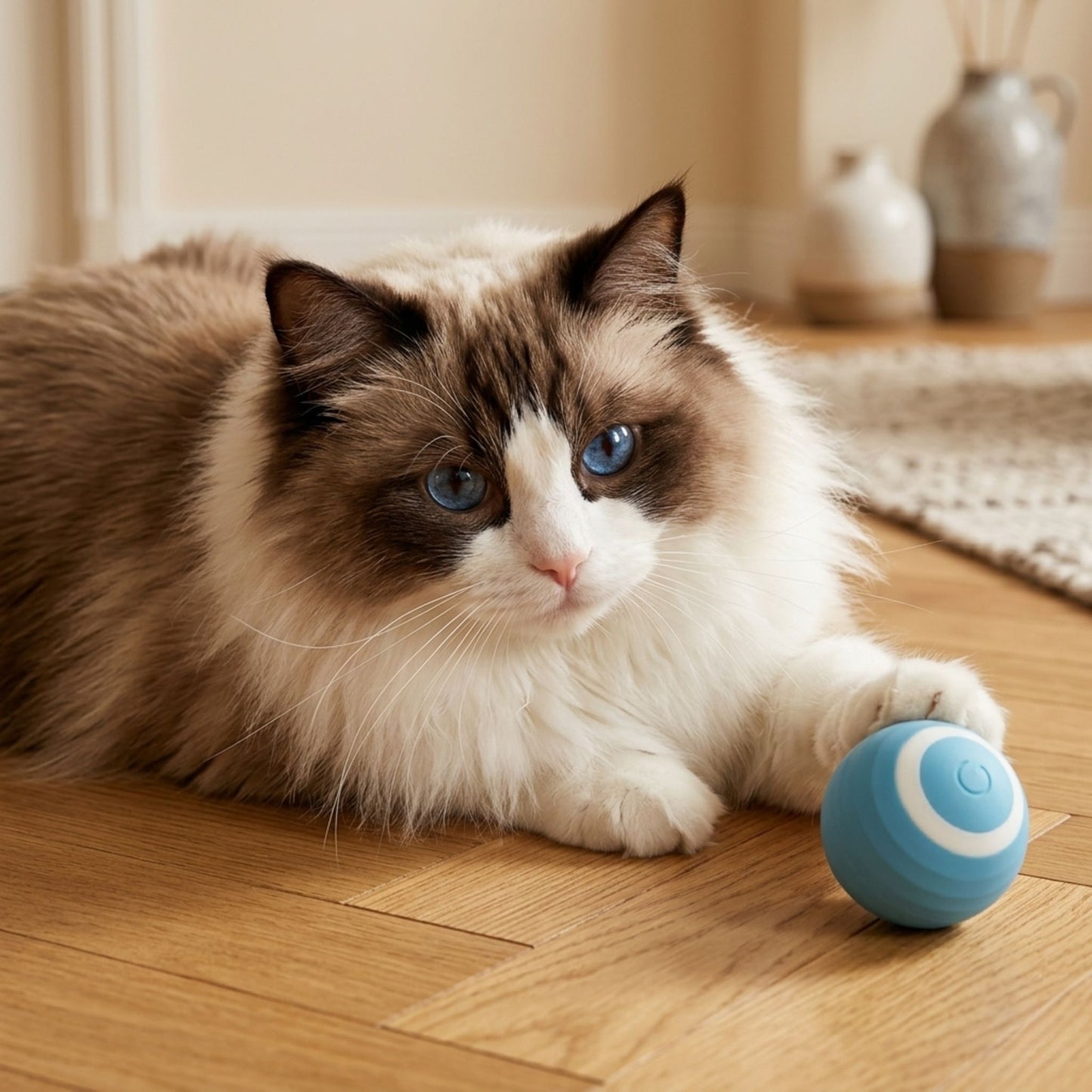 balle interactive pour chat bleue silicone chat ragdoll yeux bleus parquet chêne