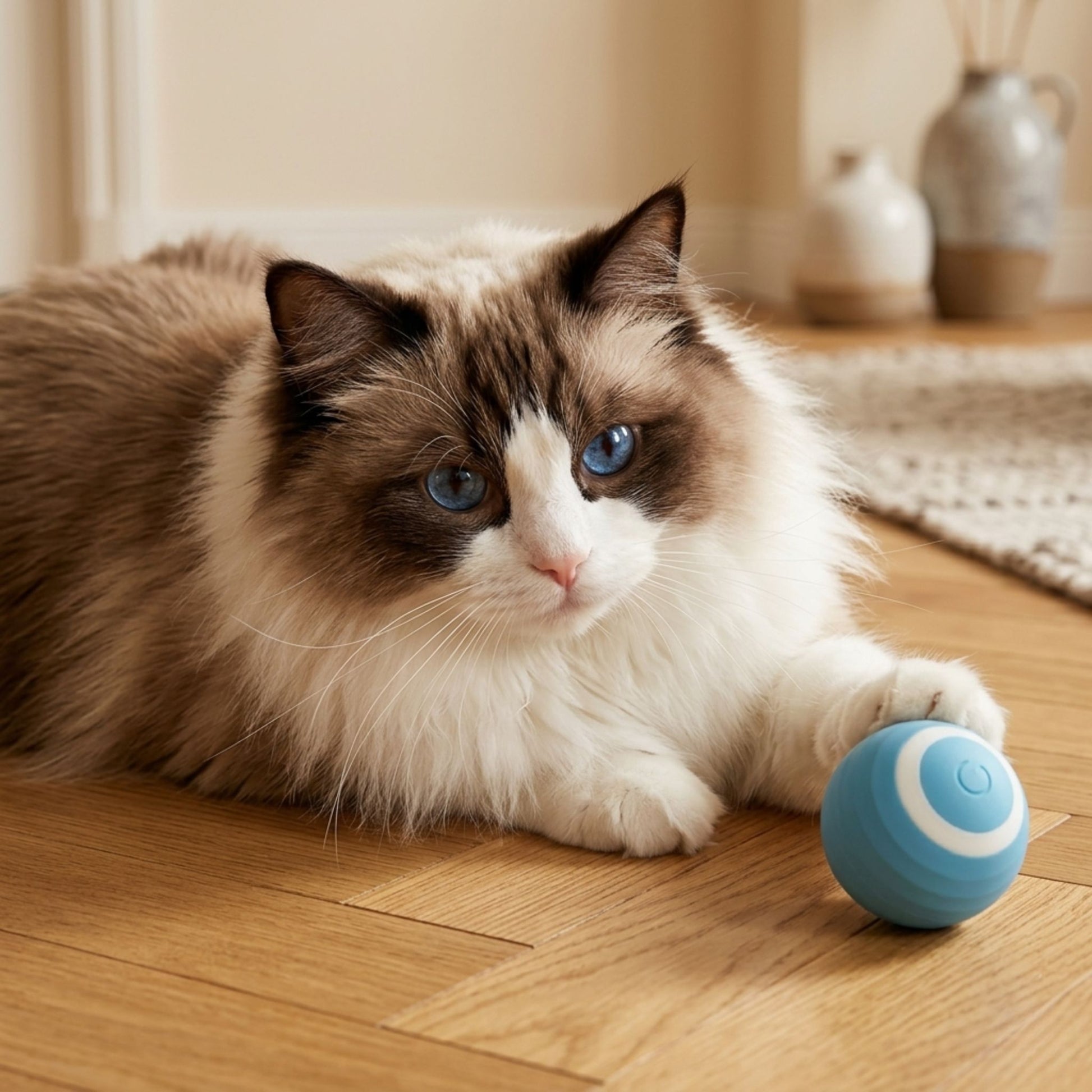 balle interactive pour chat bleue silicone chat ragdoll yeux bleus parquet chêne