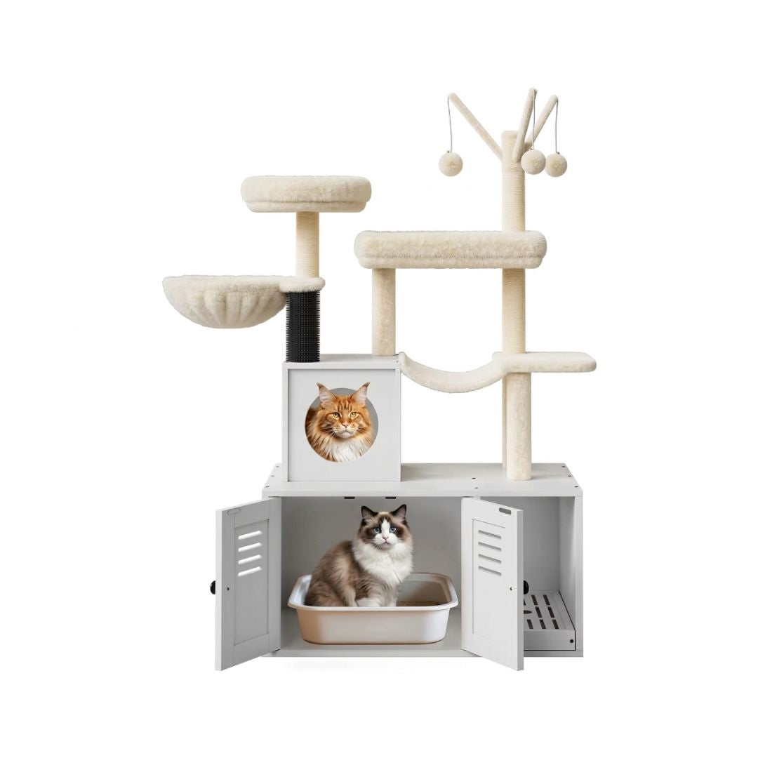 Cache-litière arbre à chat bois blanc portes doubles ouvertes, bac litière beige 47x38cm, tiroir grille, Maine Coon dans cabane