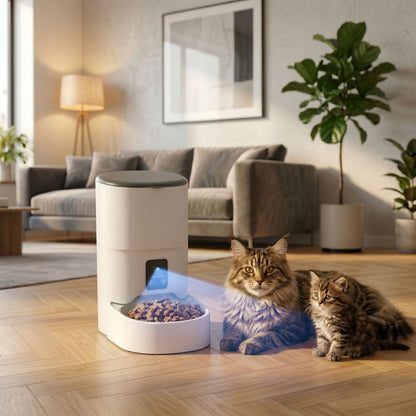 chat et chaton persan maine coon devant un distributeur automatique de croquettes pour chat connecté avec caméra et rayon bleu dans un salon moderne