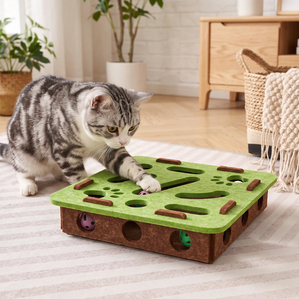 Chat tigré gris et blanc qui glisse une patte dans une découpe du plateau vert pour attraper une balle