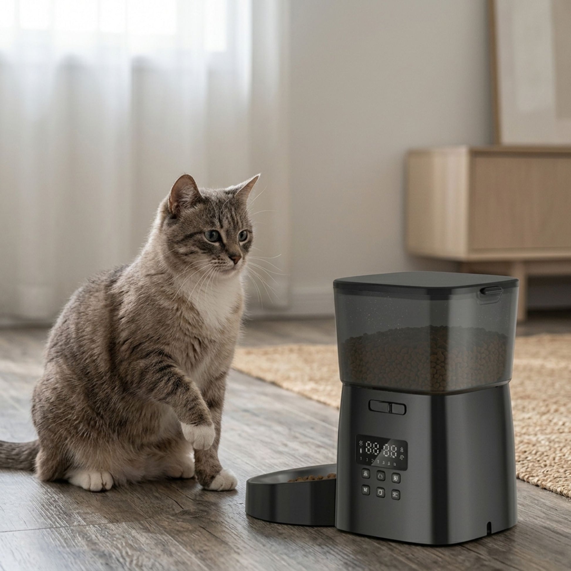 chat tigré assis à côté d'un distributeur automatique croquettes pour chat noir avec réservoir transparent et écran LCD posé sur un parquet