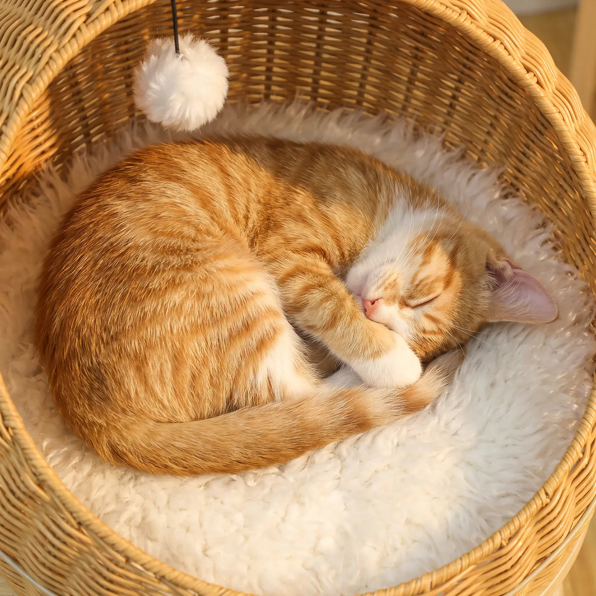 Chaton roux et blanc endormi en boule sur le coussin blanc du nid en rotin