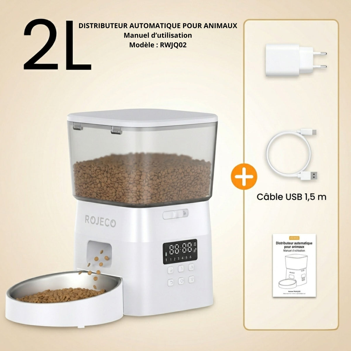 contenu de la boîte du distributeur automatique croquettes pour chat 2L blanc avec bol inox, câble USB 1,5m, adaptateur secteur et manuel d'utilisation