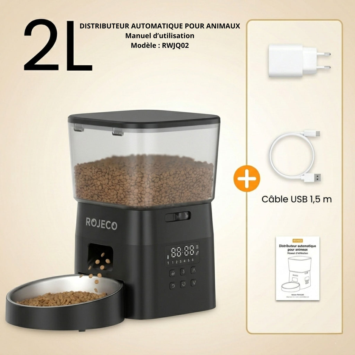 contenu de la boîte du distributeur automatique croquettes pour chat 2L avec bol inox, câble USB 1,5m, adaptateur secteur et manuel d'utilisation
