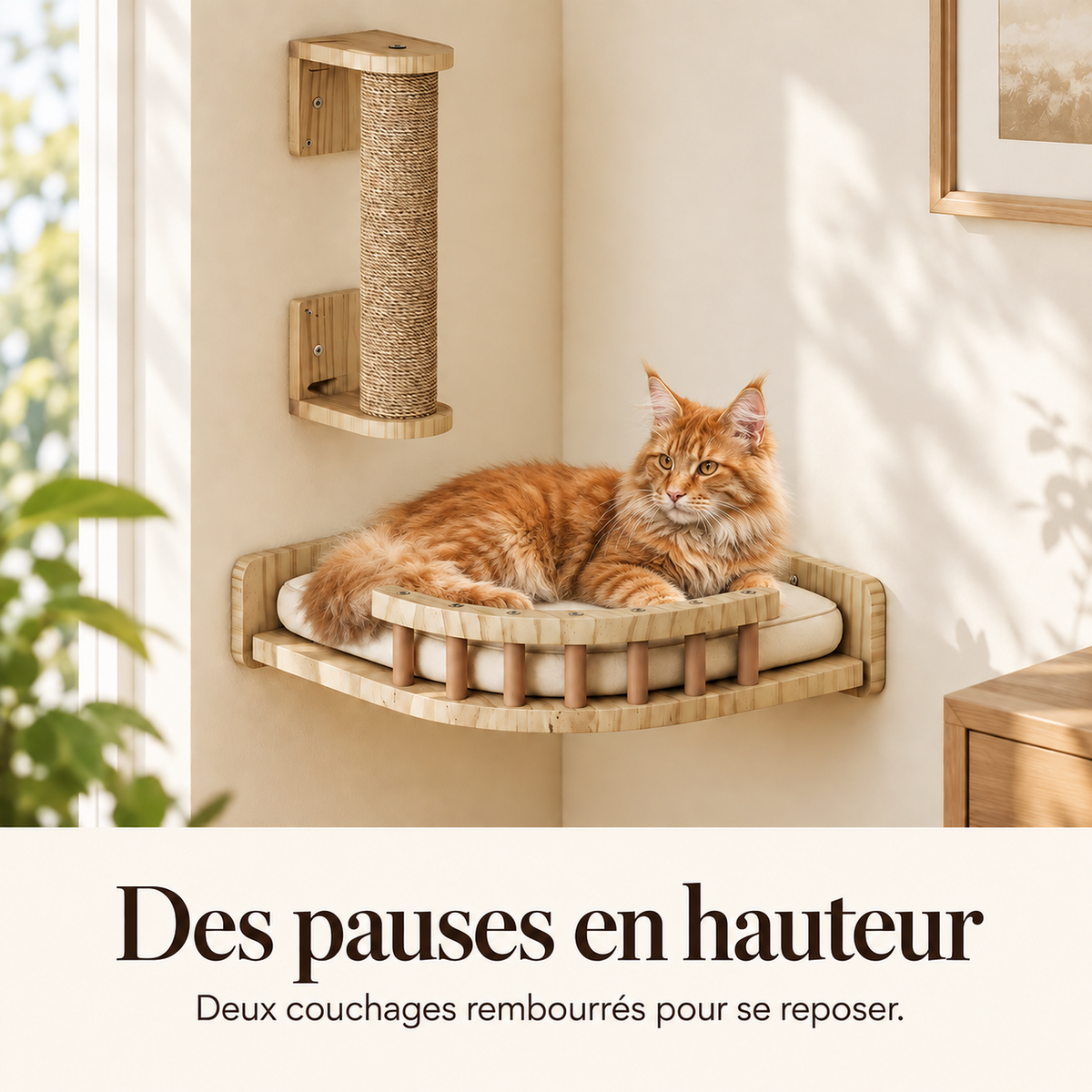 Arbre à chat mural en bois naturel, ensemble 7 pièces | MILO