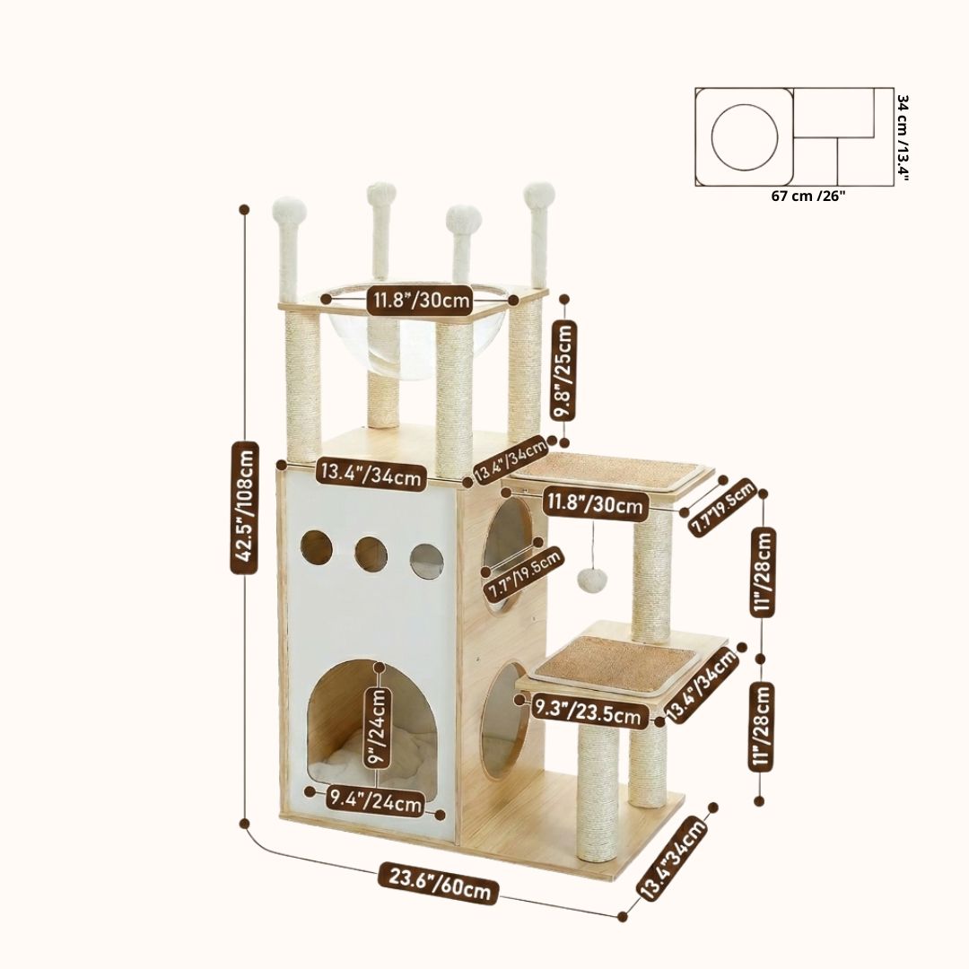 Schéma technique indiquant toutes les dimensions détaillées en cm et pouces de l'arbre à chat en bois clair, incluant la niche, les plateformes et le hamac transparent.