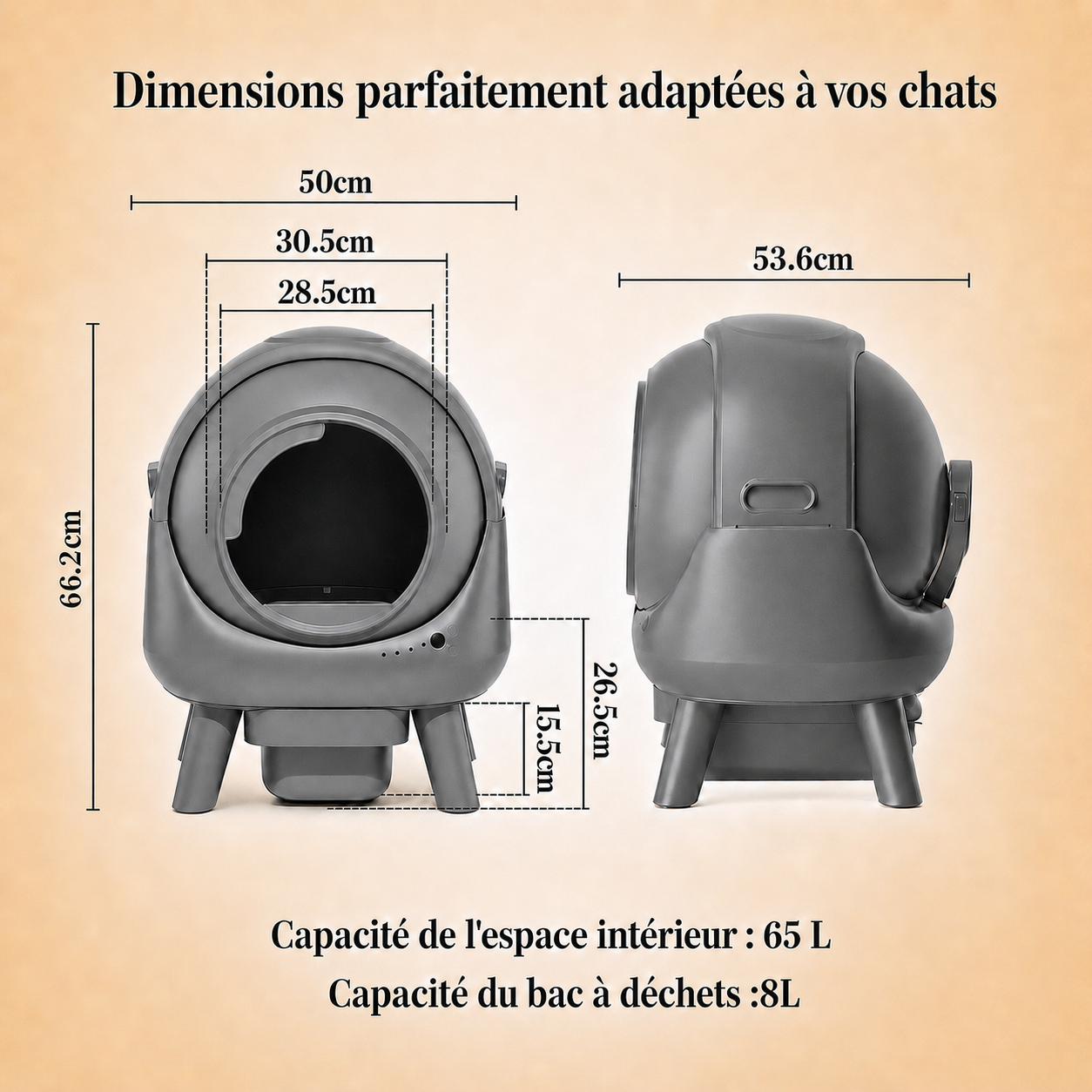 Dimensions de la litière automatique pour chat 65L avec bac à déchets 8L, grande capacité adaptée aux chats adultes et grands chats Catedo