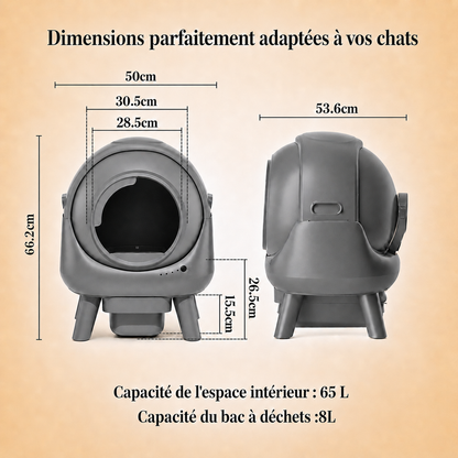 Dimensions de la litière automatique pour chat 65L avec bac à déchets 8L, grande capacité adaptée aux chats adultes et grands chats Catedo
