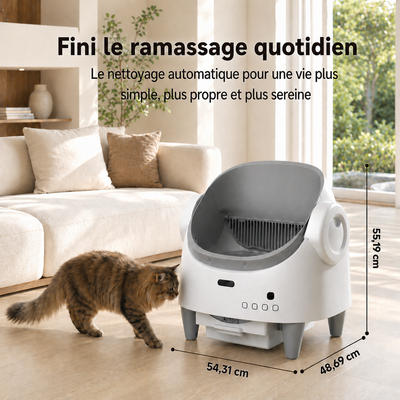 Litière automatique pour chat avec dimensions précises ($54,31$ cm x $48,69$ cm x $55,19$ cm), offrant un nettoyage autonome pour éliminer le ramassage quotidien des déjections.