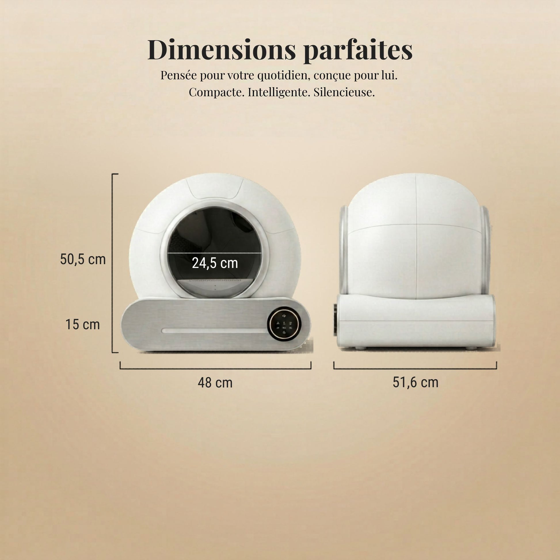 Dimensions litière autonettoyante compacte - hauteur 50,5 cm, largeur 48 cm, profondeur 51,6 cm, entrée 24,5 cm - vue de face et de côté