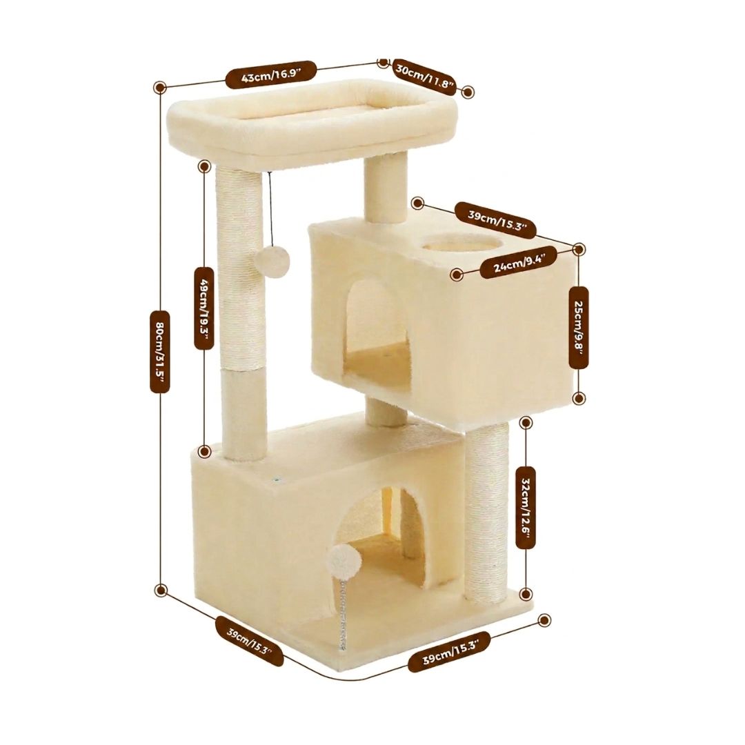schéma des dimensions de l'arbre à chat compact : hauteur 80cm, base stable 39x39cm.