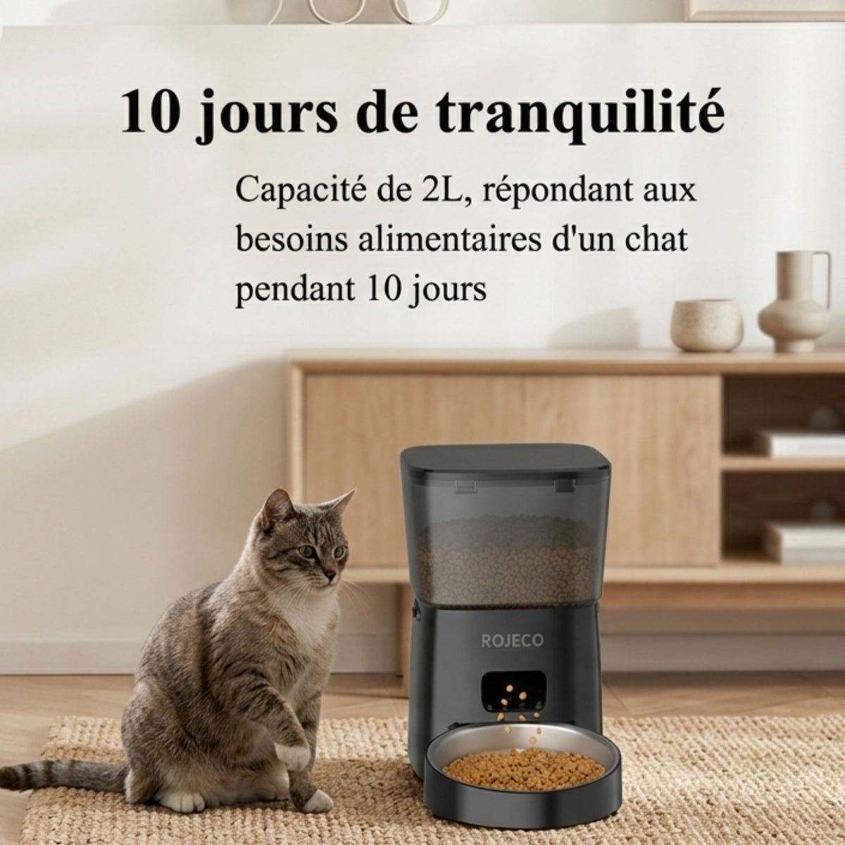 chat tigré devant un distributeur automatique croquettes pour chat 2L avec inscription 10 jours de tranquillité et réservoir visible plein de croquettes