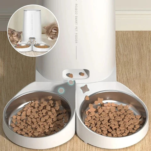 distributeur automatique de croquettes pour 2 chats double bol inox distribution simultanée des croquettes