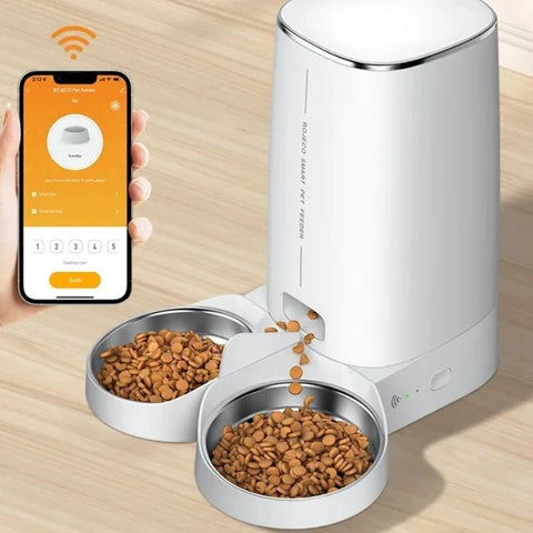 distributeur automatique de croquettes pour 2 chats connecté wifi double bol inox distribution simultanée application smartphone