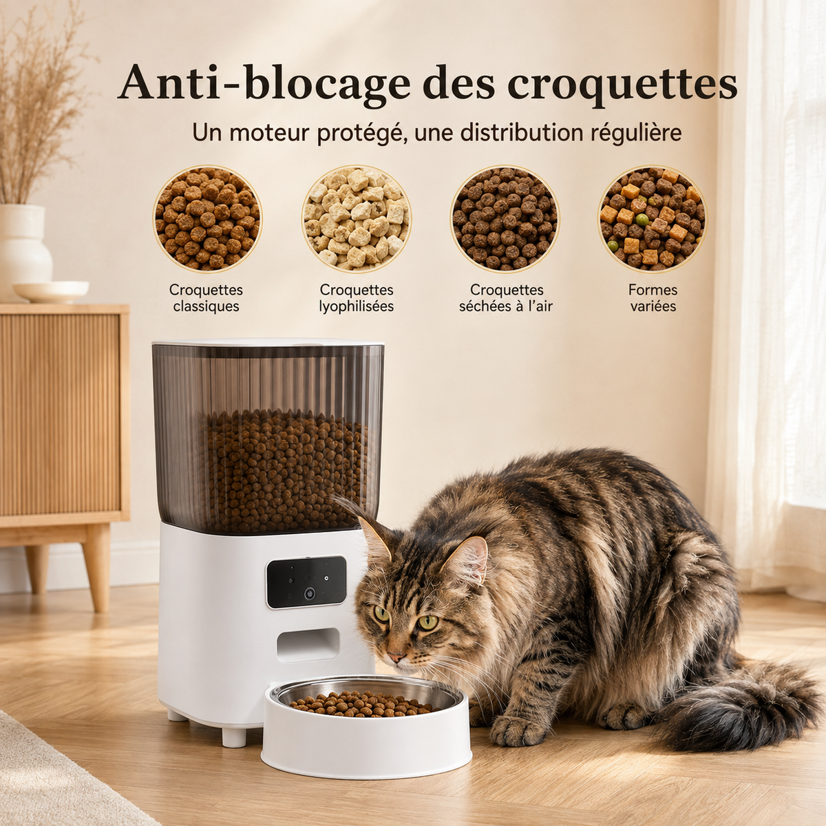 Distributeur de croquettes anti-blocage avec caméra et Maine Coon, compatible avec différentes formes de croquettes