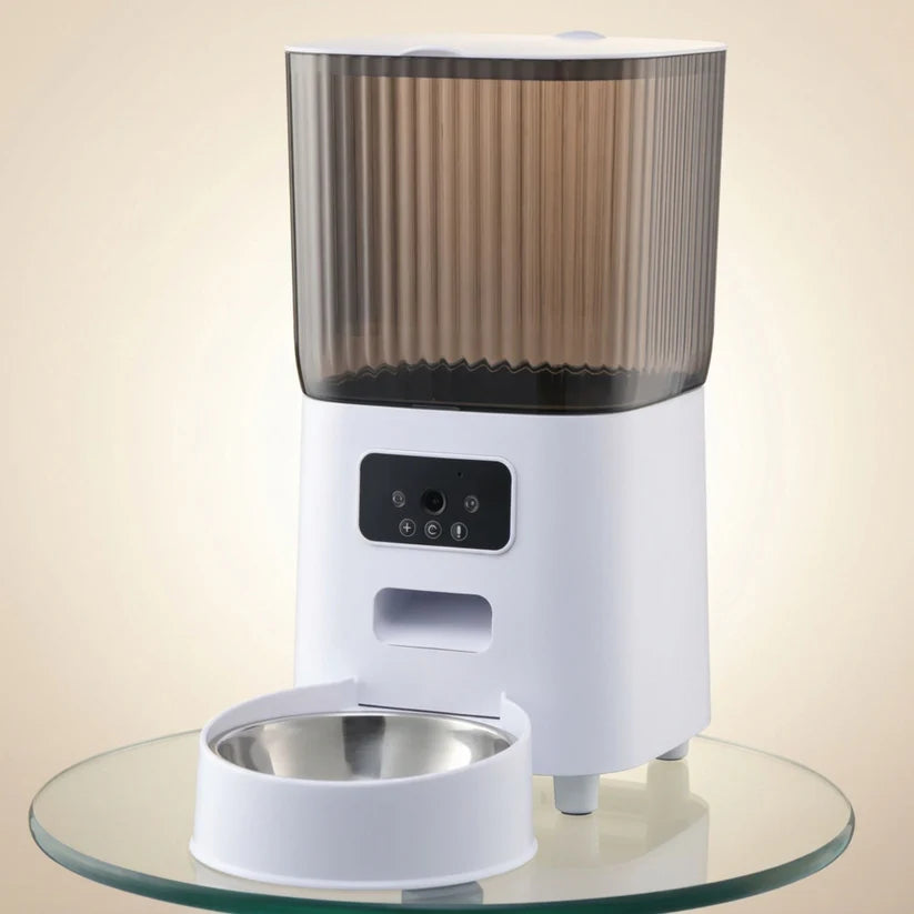 Distributeur de croquettes pour chat avec caméra Wi-Fi HD et gamelles inox, 5 L, Croquéo
