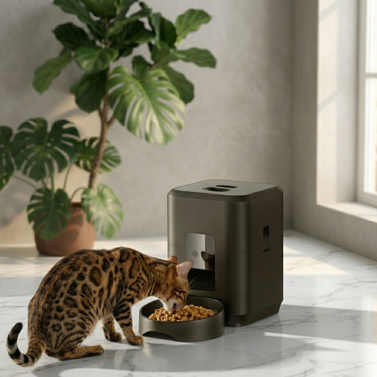 chat Bengal mangeant ses croquettes dans un distributeur automatique sur marbre blanc