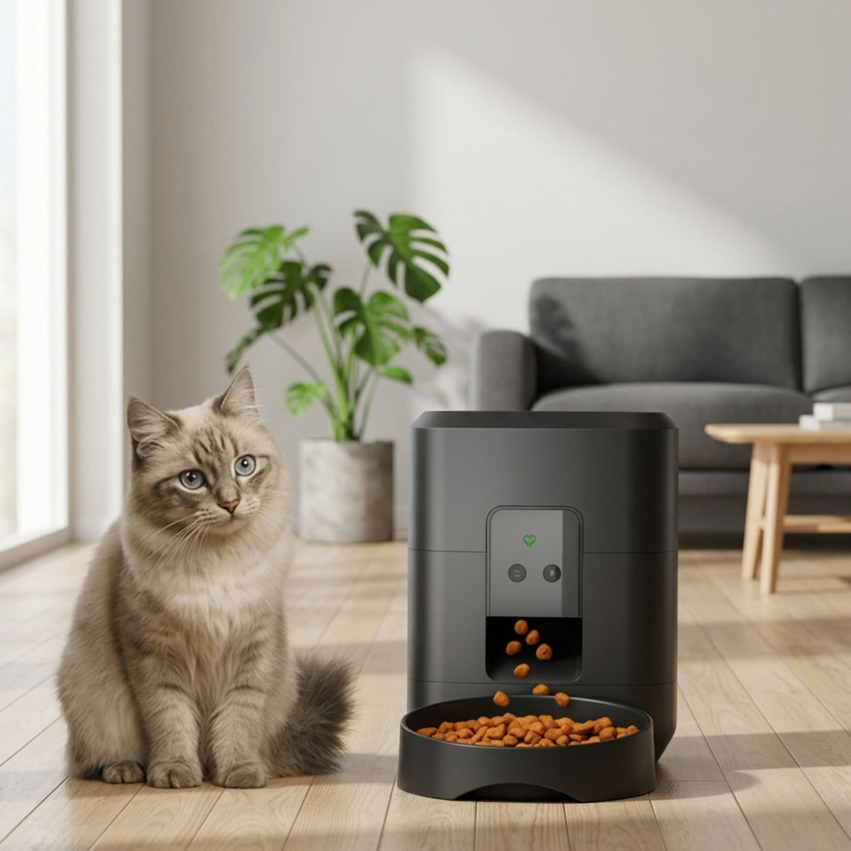 chat ragdoll à côté de son distributeur automatique de croquettes dans un salon moderne