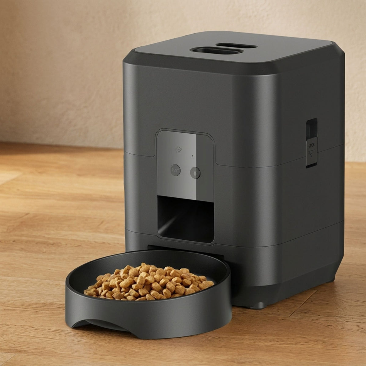distributeur automatique de croquettes pour chat noir mat avec gamelle sur parquet chêne clair
