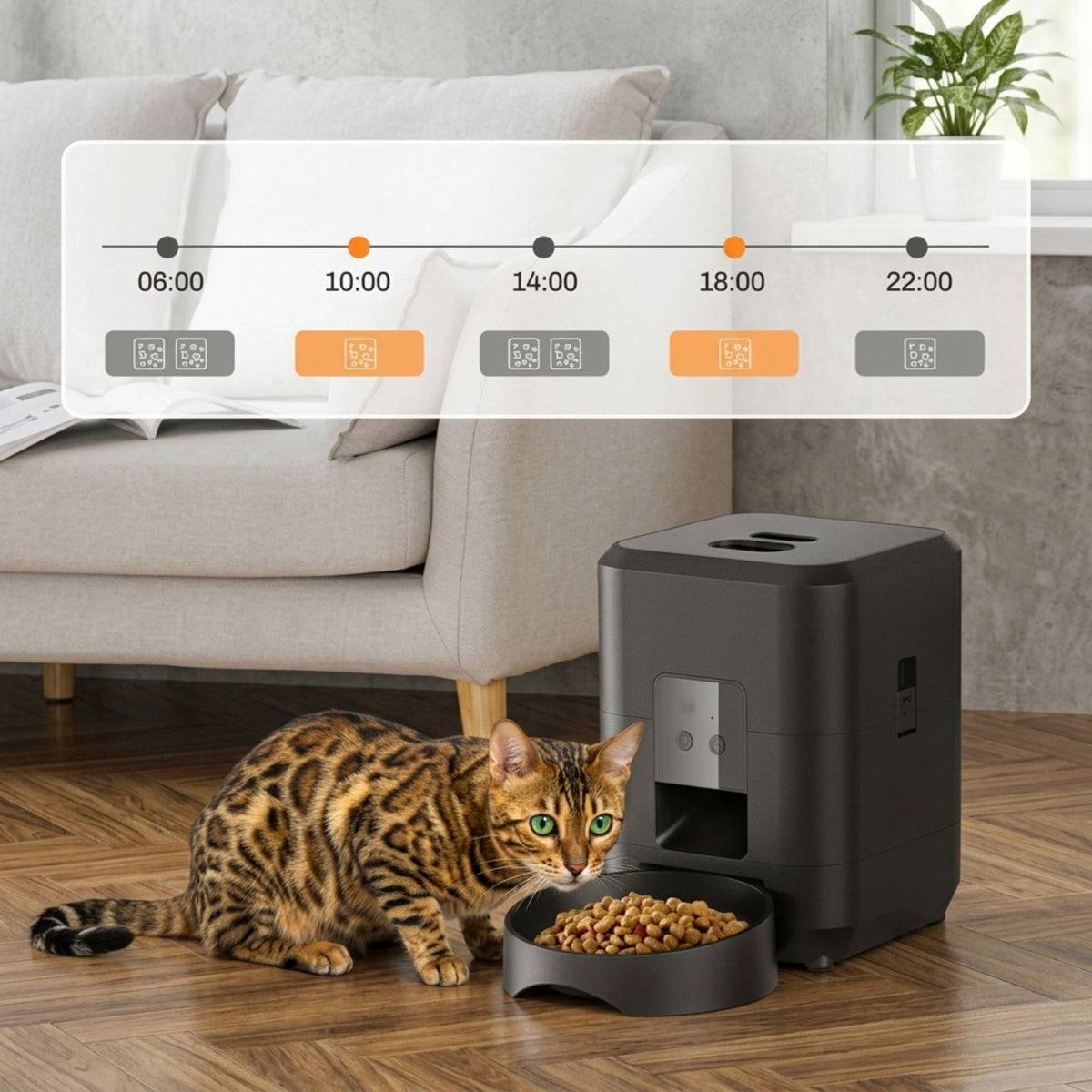 Chat Bengal distributeur automatique de croquettes programmable jusqu'à 6 repas par jour