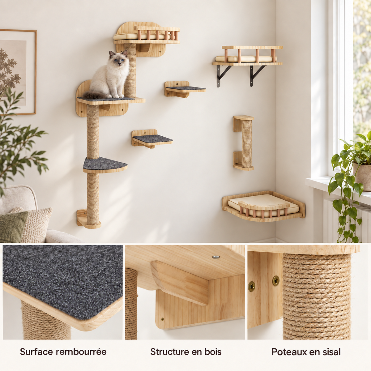 Arbre à chat mural en bois naturel, ensemble 7 pièces | MILO
