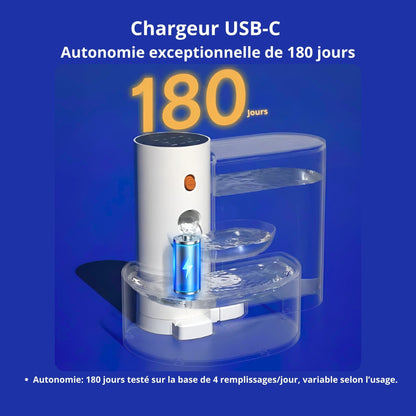 Fontaine à eau pour chat rechargeable USB-C, autonomie exceptionnelle de 180 jours, sans câble ni prise, une charge tous les 6 mois