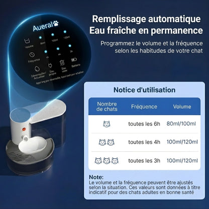 Fontaine à eau pour chat avec remplissage automatique programmable, réglage volume et fréquence selon le nombre de chats, eau fraîche en permanence