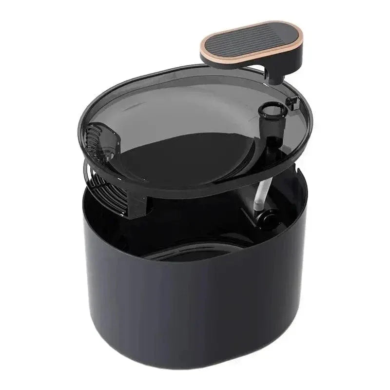 fontaine à eau pour chat 3L noir mat, distributeur eau chat couvercle transparent fumé, contour robinet doré cuivré, pompe visible, catedo