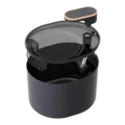 fontaine à eau pour chat 3L noir mat, distributeur eau chat couvercle transparent fumé, contour robinet doré cuivré, pompe visible, catedo