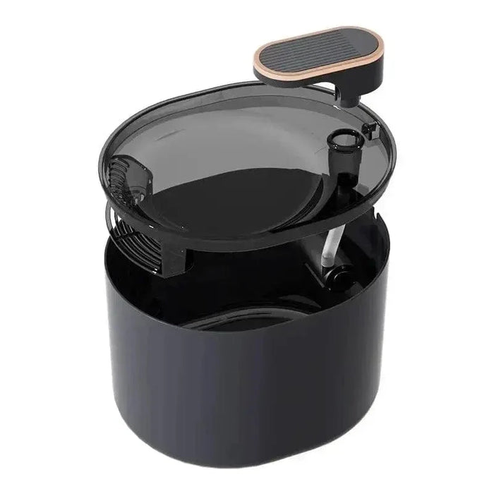 fontaine à eau pour chat 3L noir mat, distributeur eau chat couvercle transparent fumé, contour robinet doré cuivré, pompe visible, catedo