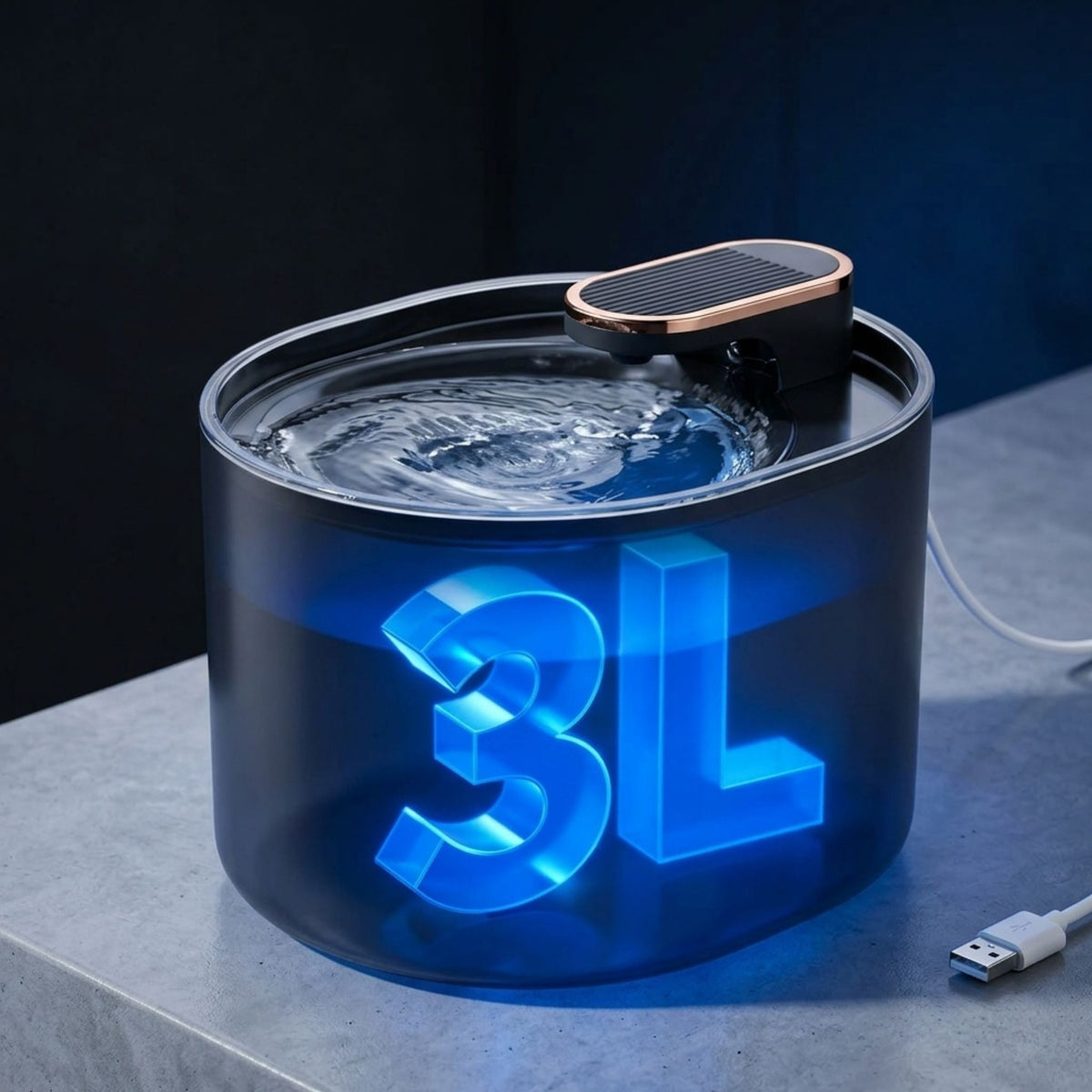 fontaine à eau pour chat 3L LED bleu, distributeur eau chat noir mat grande capacité, éclairage bleu 3L, contour doré cuivré, catedo