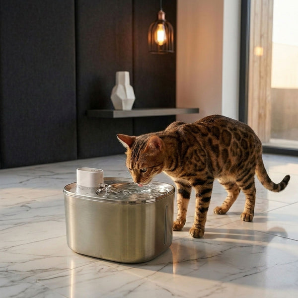 fontaine à eau pour chat sans fil 4L inox, distributeur eau chat silencieux, chat bengal boit, sol marbre salon luxury, catedo