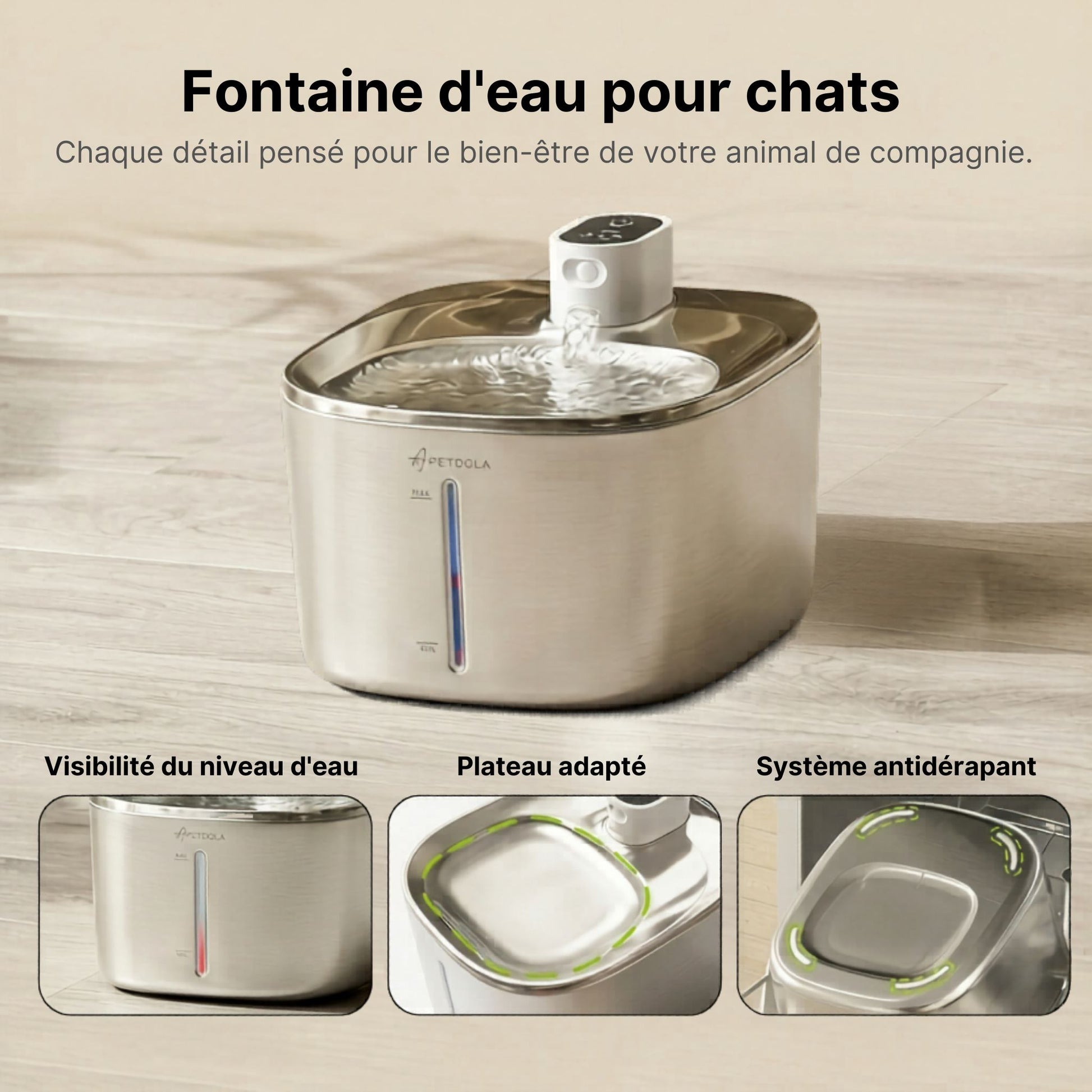 fontaine à eau pour chat sans fil 4L inox, distributeur eau chat, visibilité niveau eau, plateau adapté système antidérapant, catedo