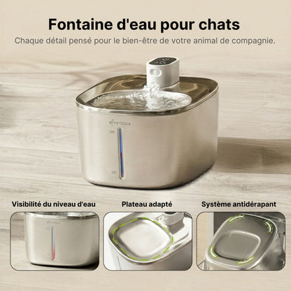 fontaine à eau pour chat sans fil 4L inox, distributeur eau chat, visibilité niveau eau, plateau adapté système antidérapant, catedo
