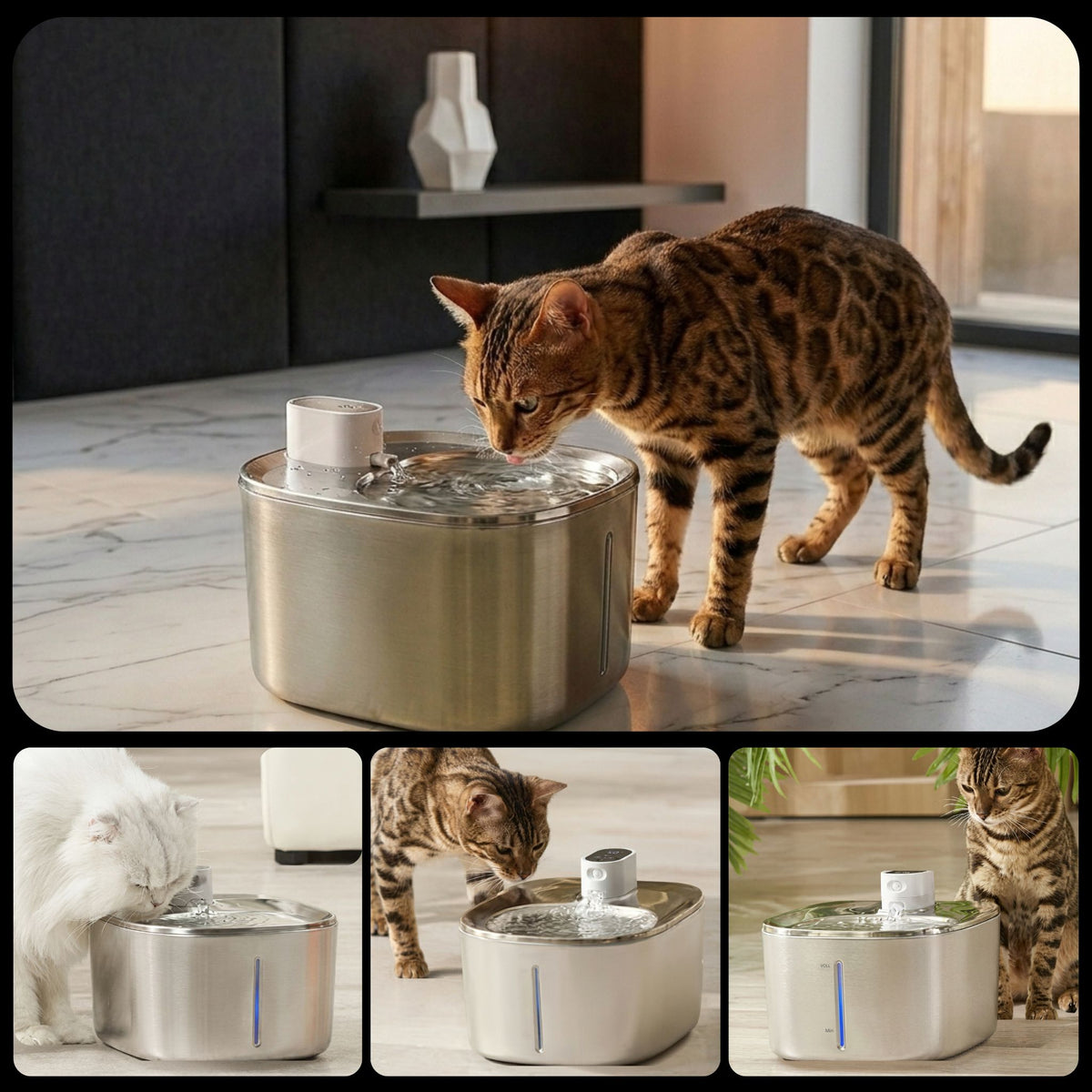 fontaine à eau pour chat sans fil 4L inox, distributeur eau chat silencieux, chat blanc bengal tabby, multi-chats, catedo